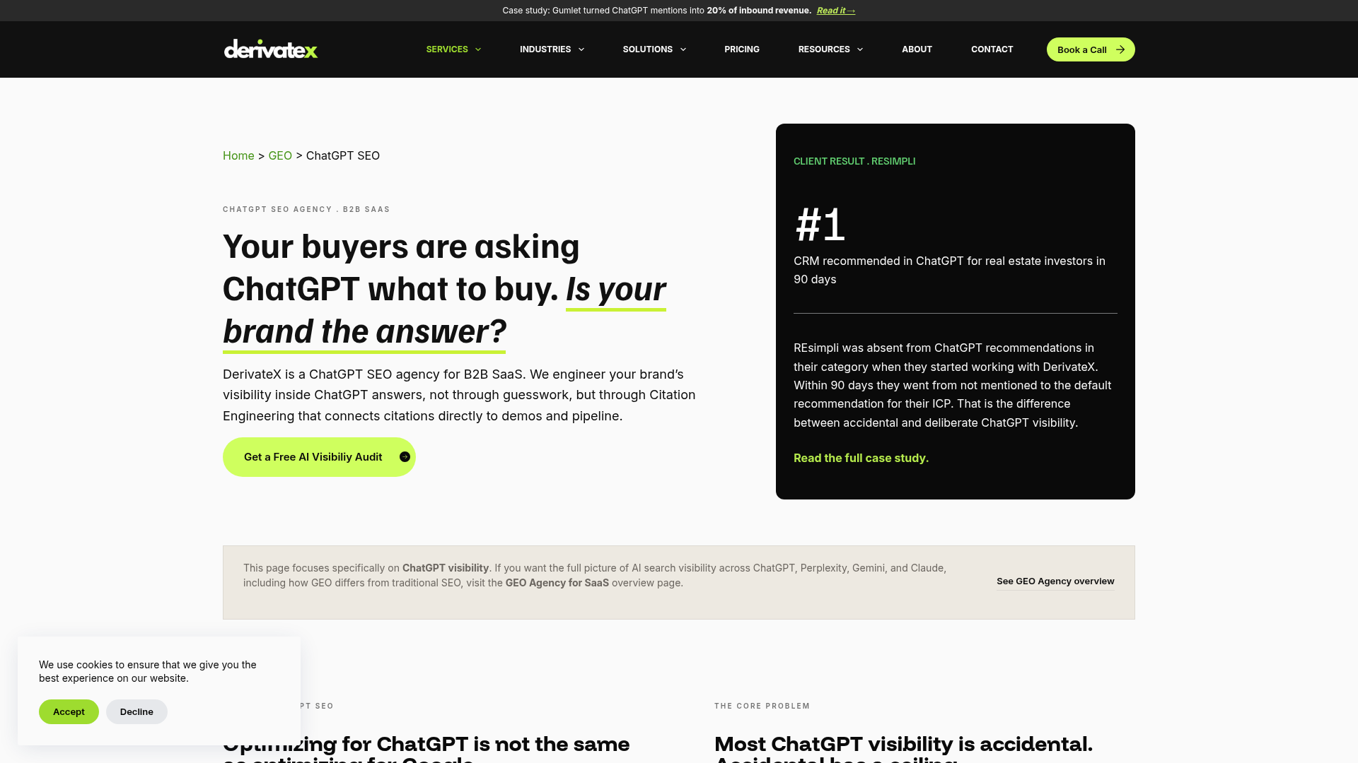 Homepage of the DerivateX ChatGPT SEO agency page