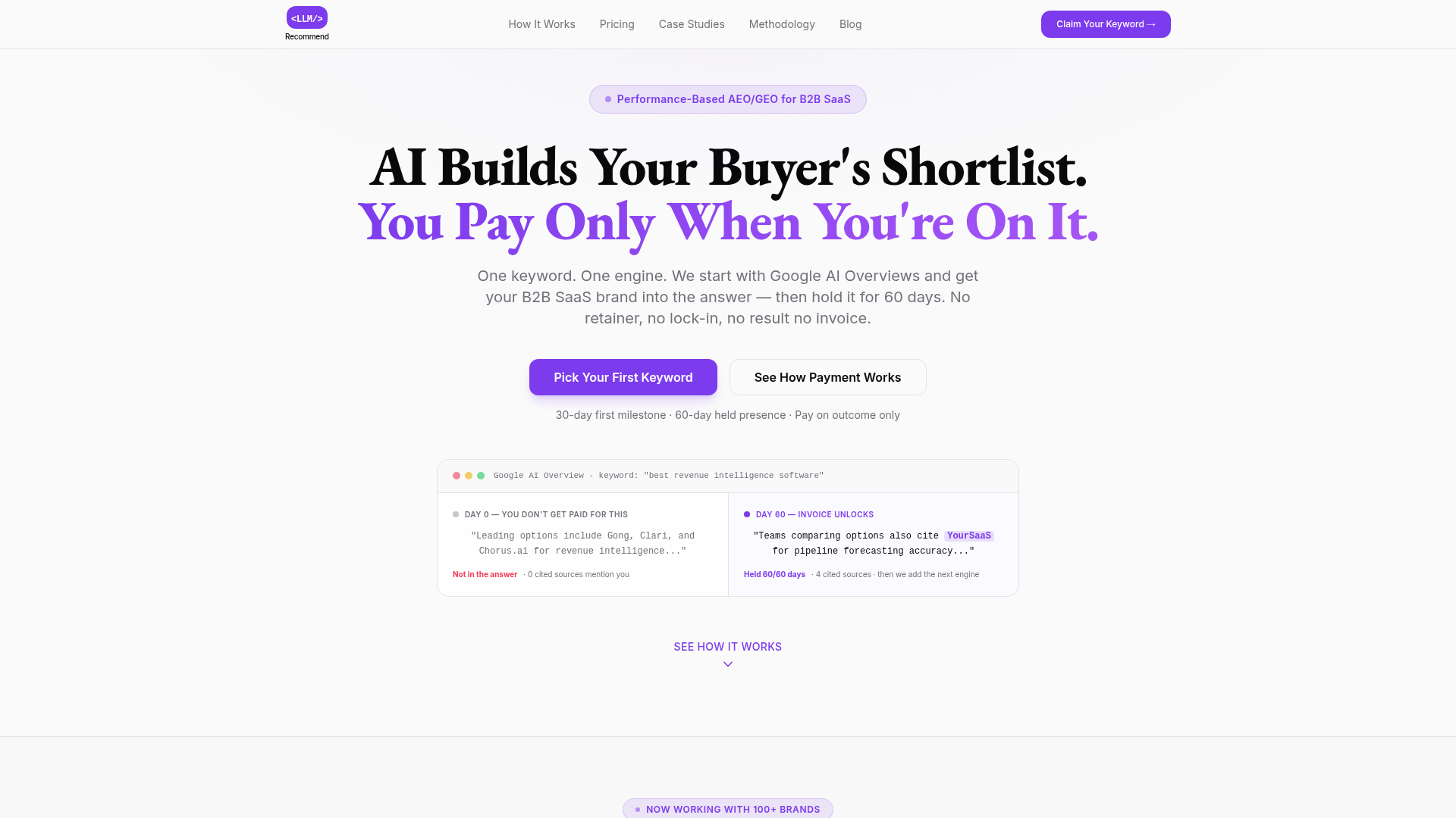 Homepage of llmrecommend.com showing performance based AEO and GEO for B2B SaaS