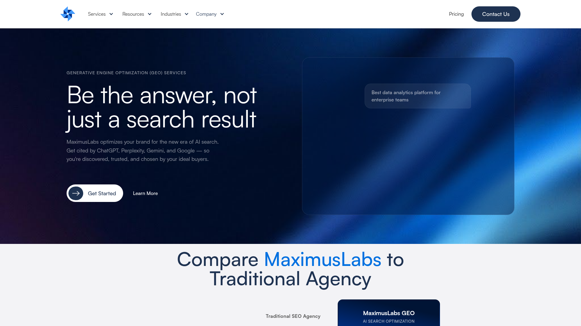 Homepage of the MaximusLabs generative engine optimization service page