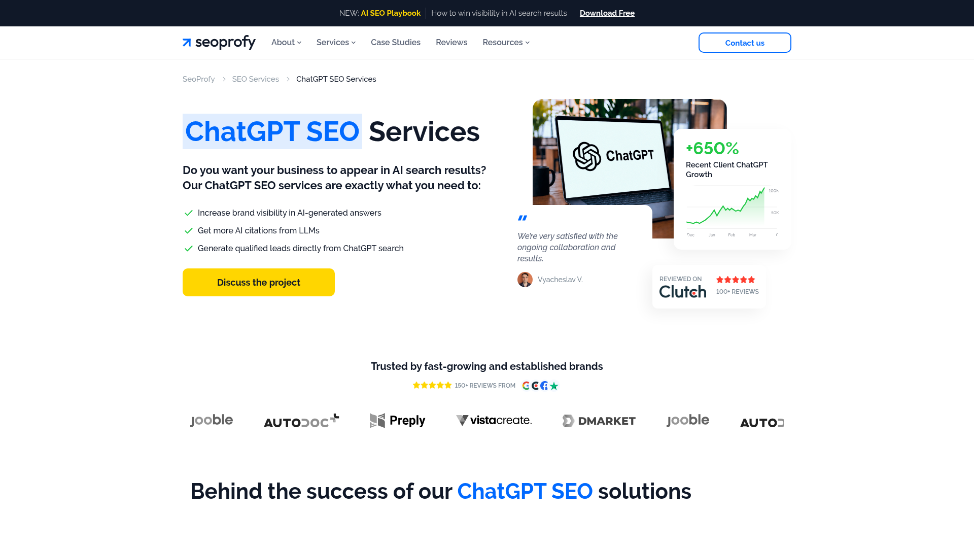 Homepage of the SeoProfy ChatGPT SEO services page