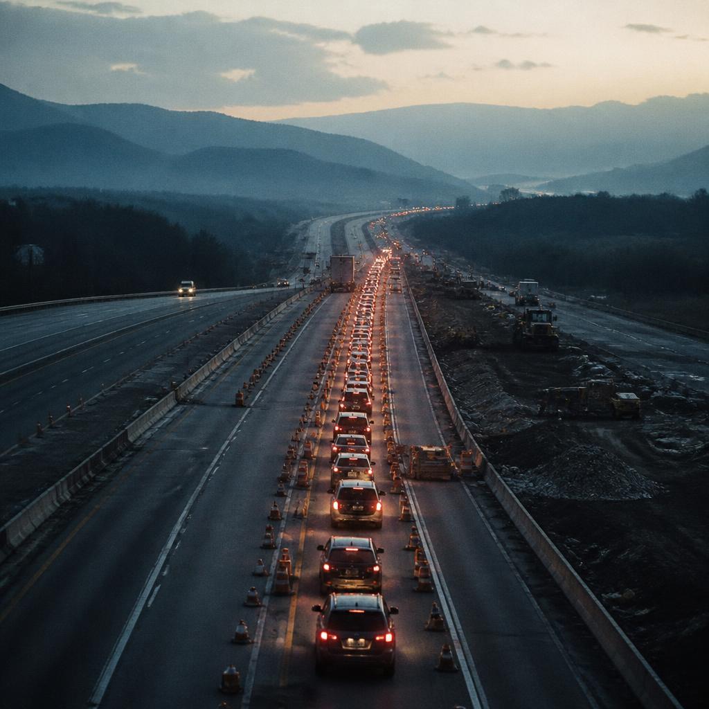 An American interstate at dusk, six lanes of tail lights compressing into a single glowing thread through a roadworks bottleneck
