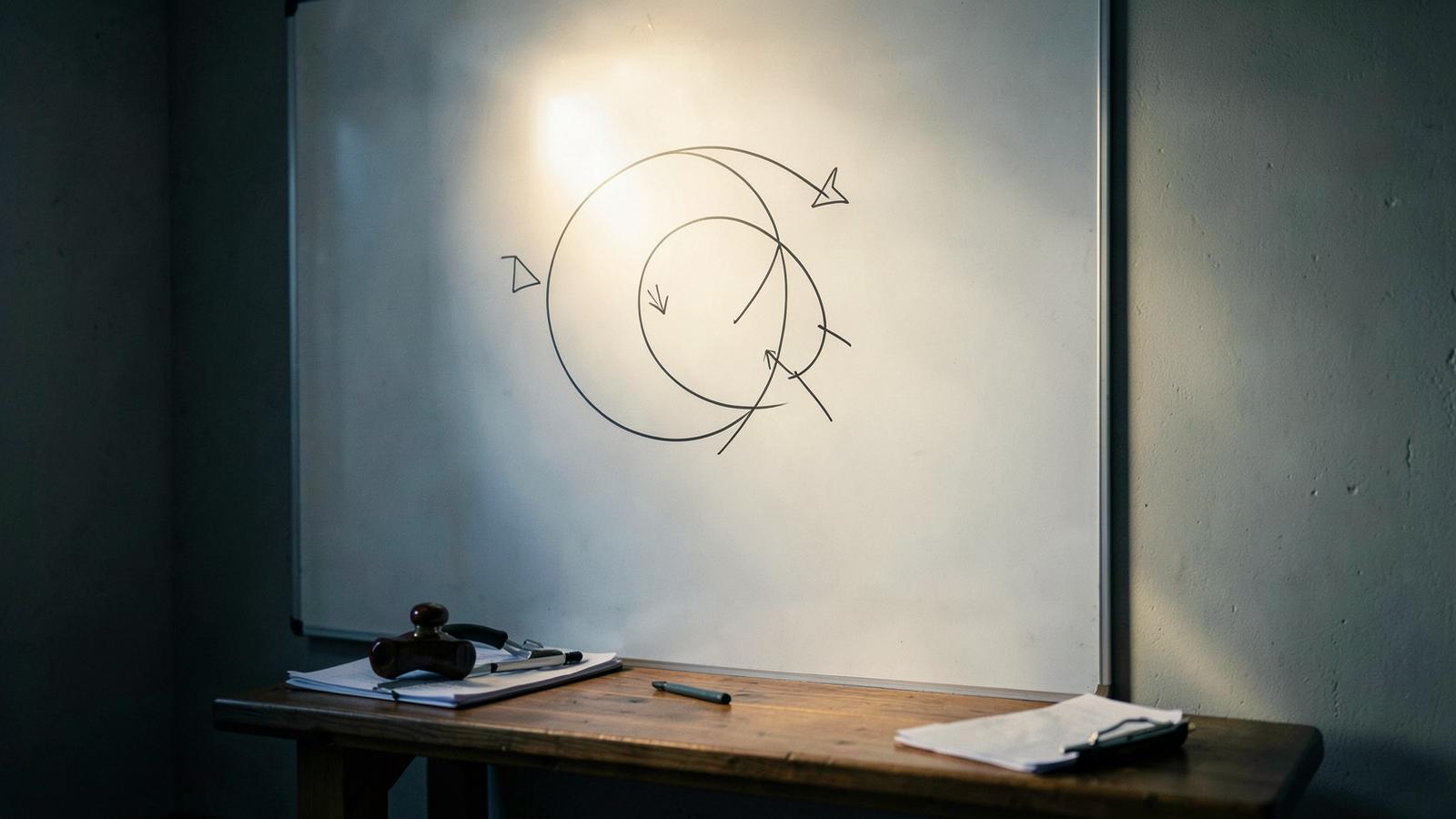 A hand-drawn loop diagram on a whiteboard above a coach's desk with a notebook and pen. The best coaching frameworks are loops, not events.