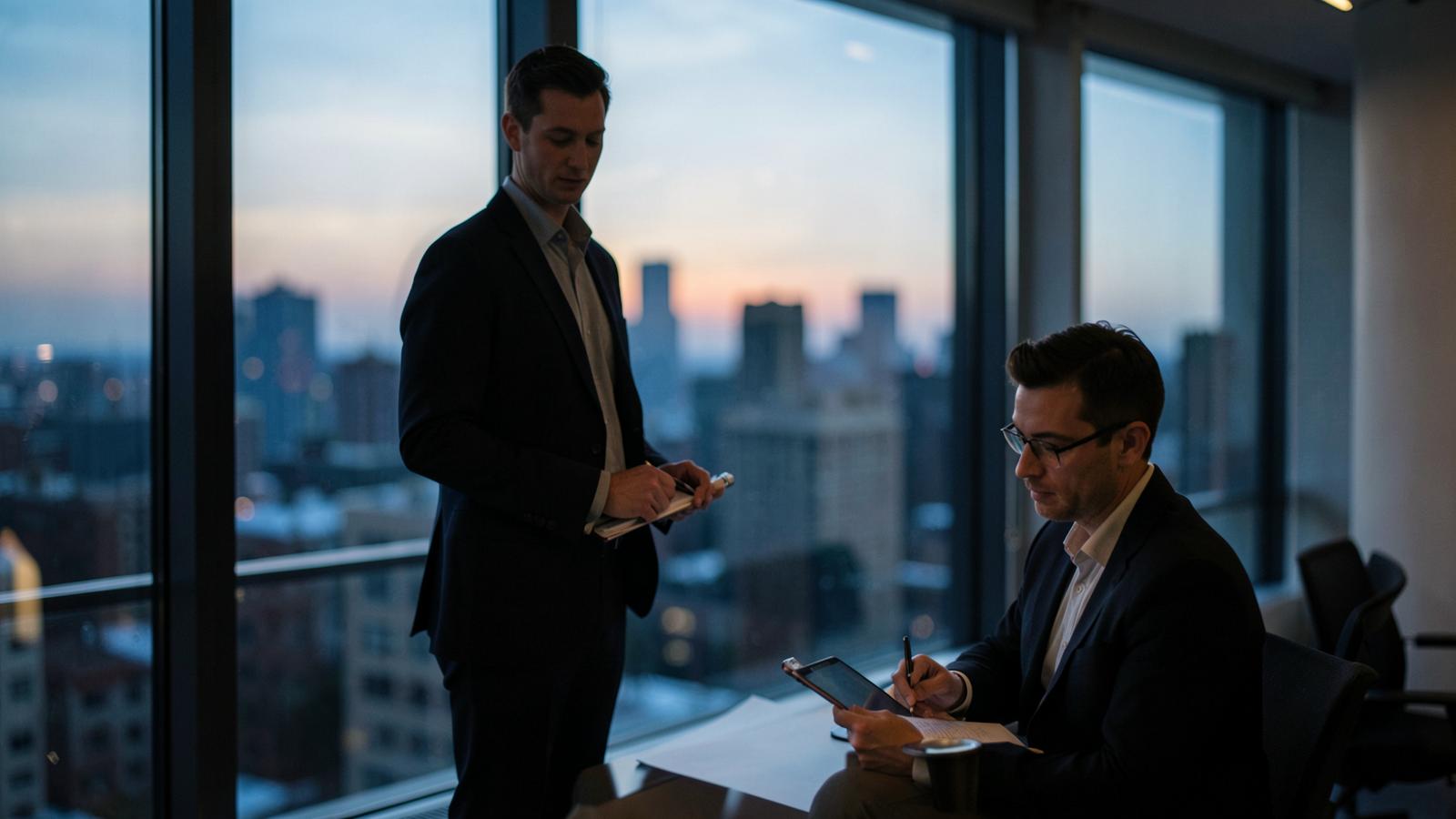 A sales coach standing with a notebook beside a rep reviewing calls on a tablet, a city skyline at dusk behind them. Coaching that changes behavior happens in the week, not in the quarterly review.