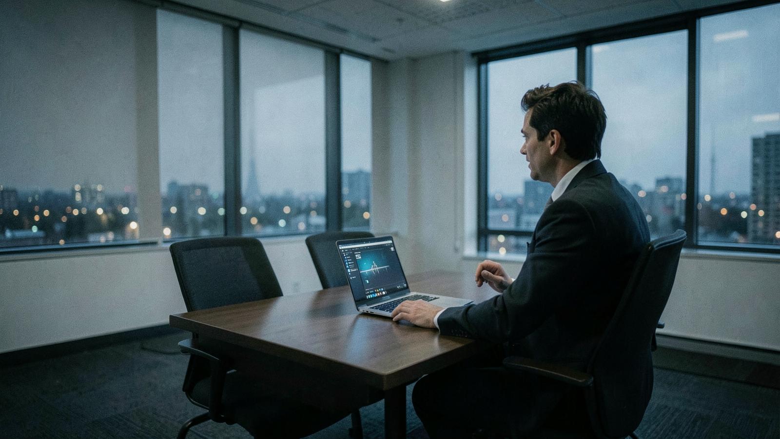 A sales rep practicing a pitch alone with a laptop in an empty conference room at dusk