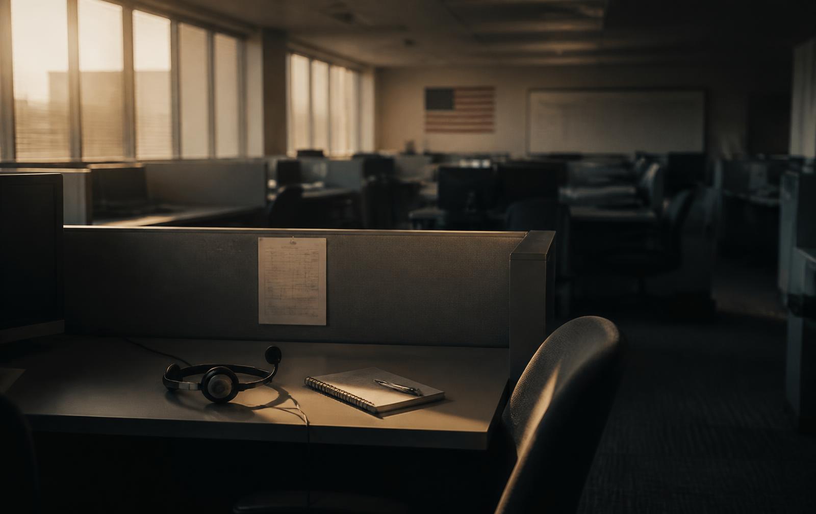 An empty American sales floor at late afternoon, one desk with a headset and a notebook