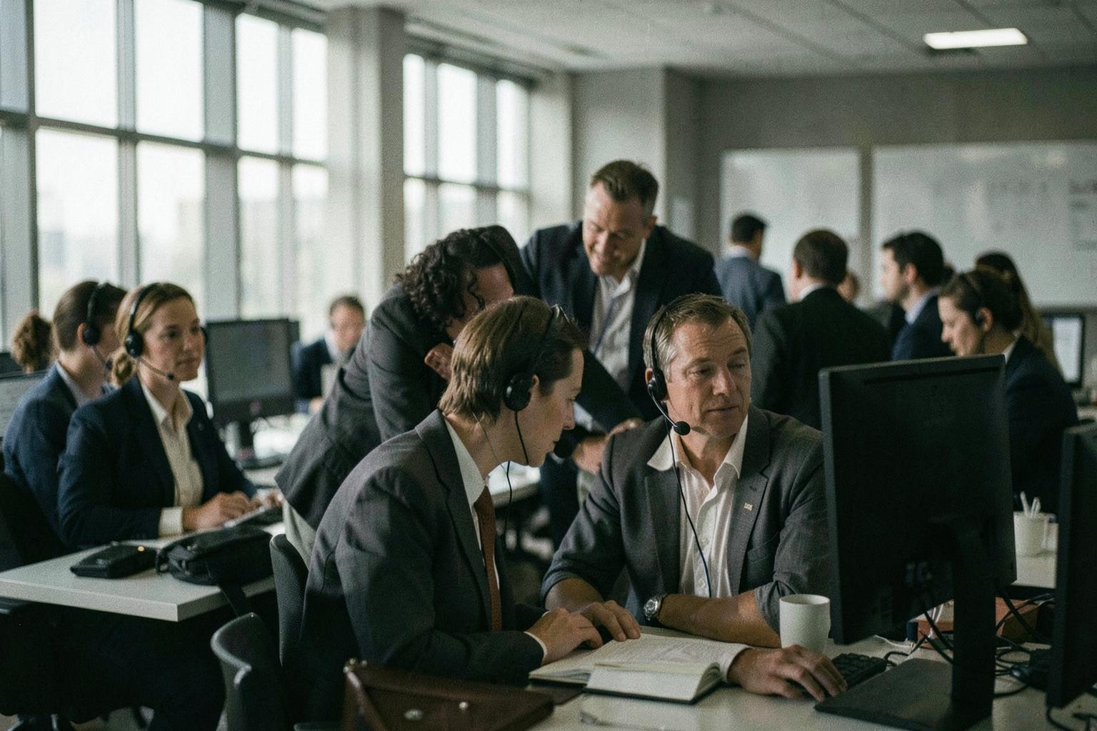 An American sales floor at mid-afternoon, a manager coaching a rep at a monitor