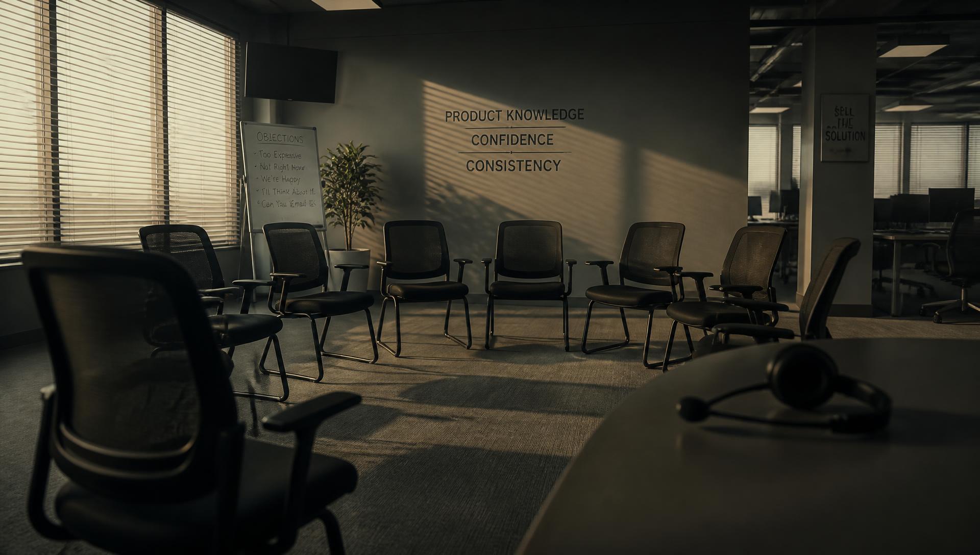 An empty American sales training room at early morning, chairs in a loose semicircle facing a bare wall