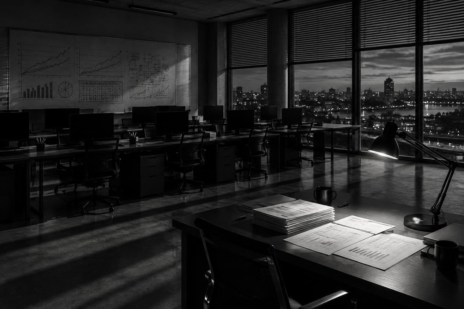 Black and white photograph of an empty office at night, a lit desk lamp over stacks of printed invoices and spreadsheets, a whiteboard of hand-drawn rising charts on the far wall.