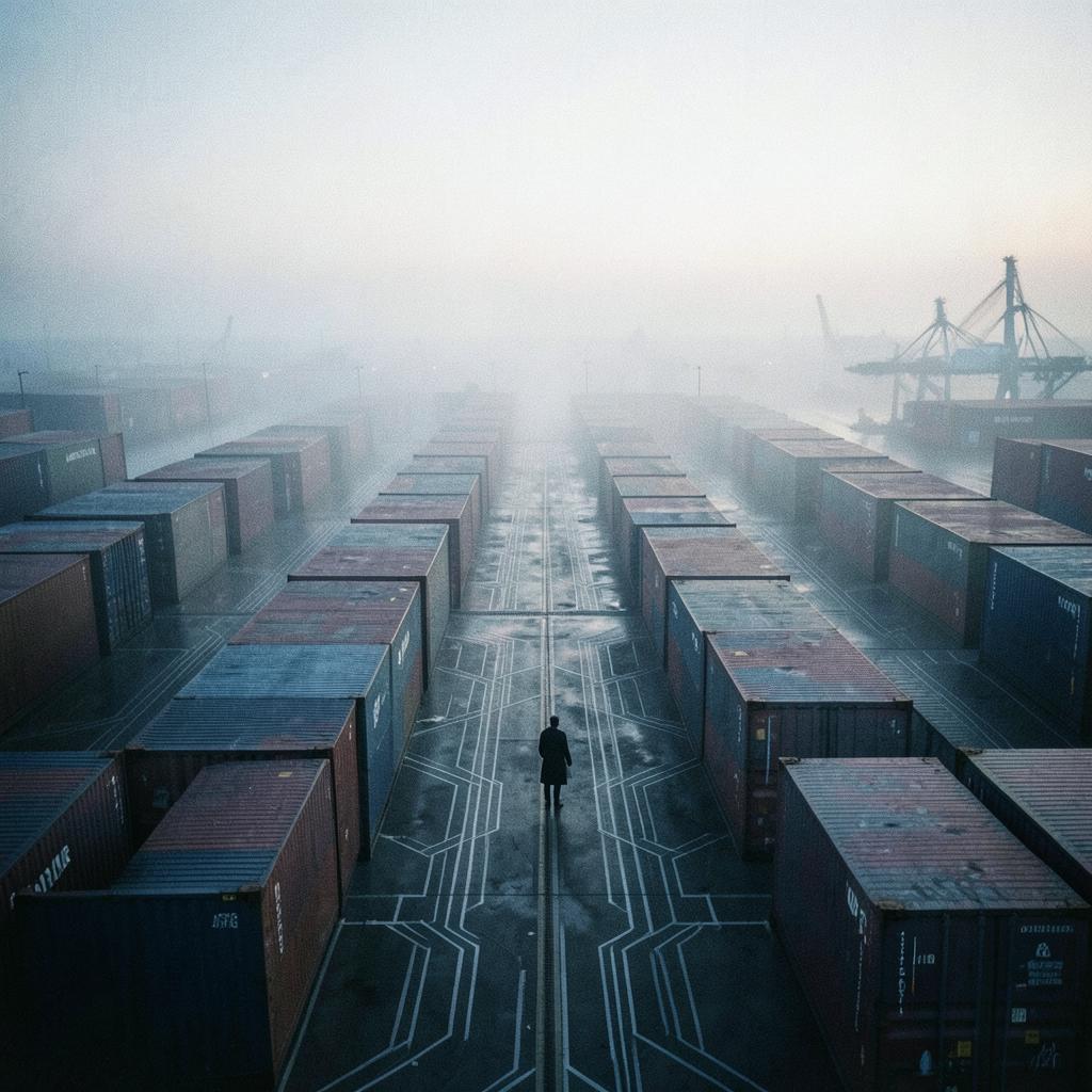 A foggy American container port at dawn, rows of containers arranged like circuitry