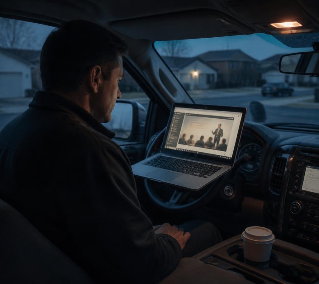 A field sales rep watching a generic corporate training video on a laptop in a parked truck at dawn, coffee in the cup holder.