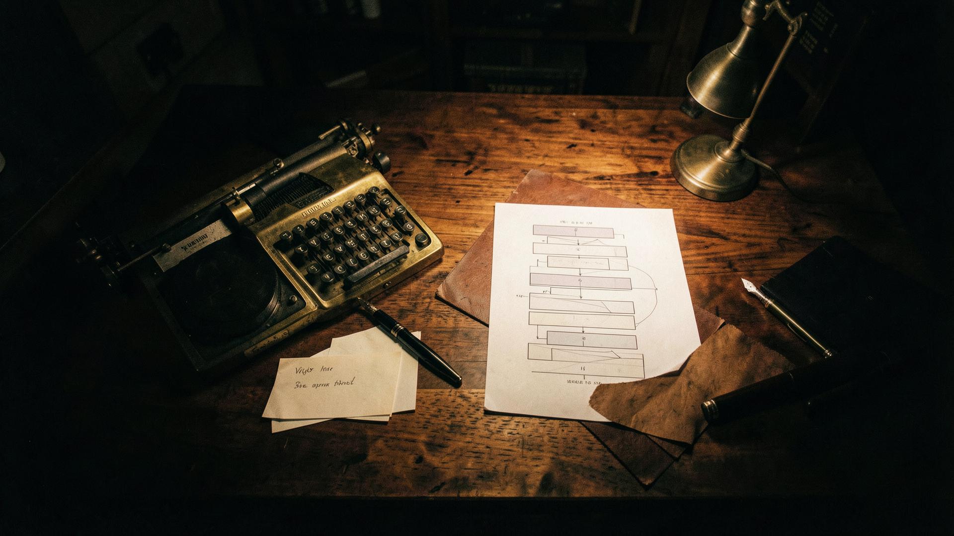 An overhead view of a walnut worktable at night holding a brass calculator, a fountain pen, sequenced index cards, and a printed flowchart of ten stacked bands under warm lamplight.