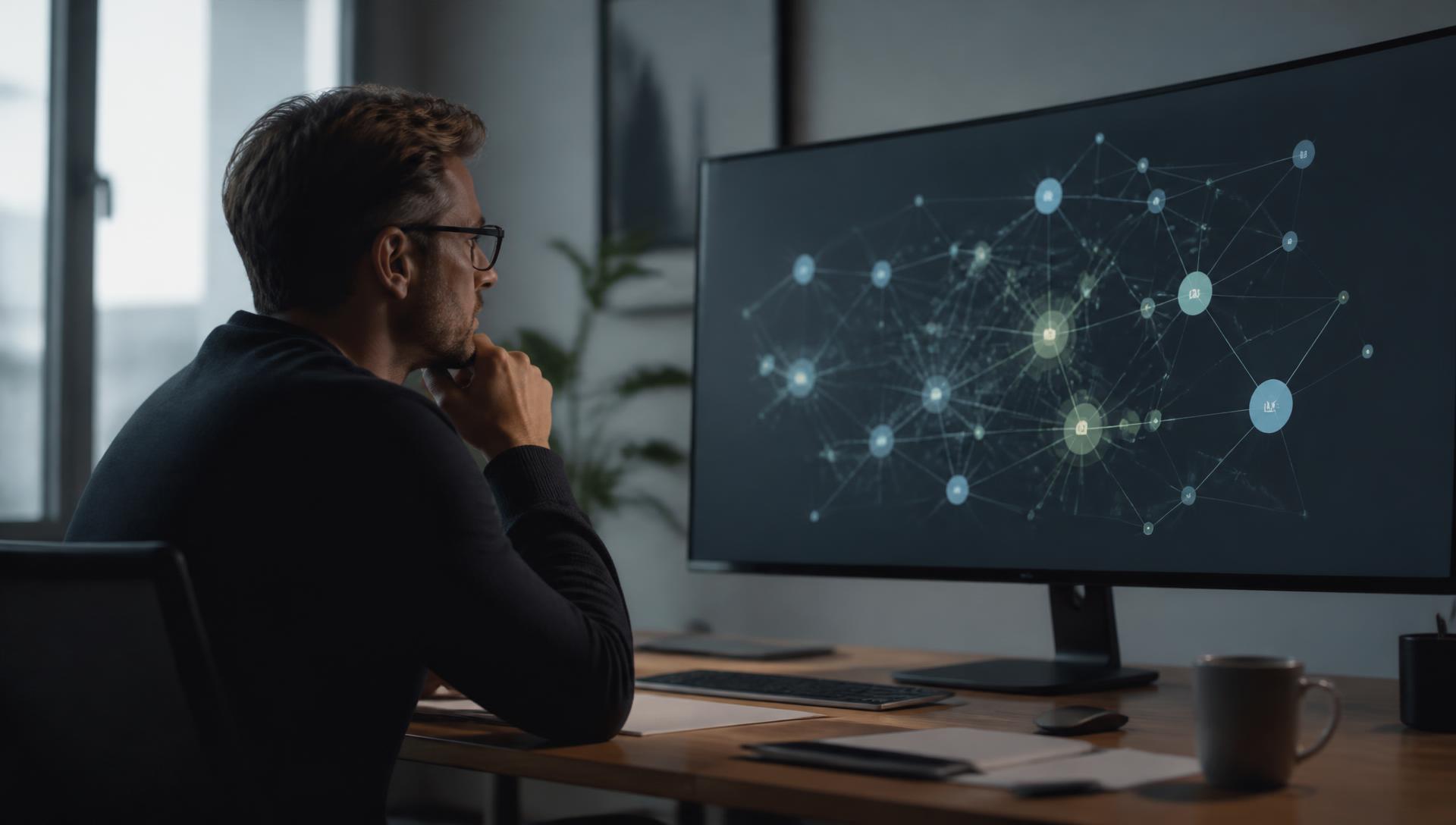 A strategist studying an entity network diagram on a large screen in a quiet office