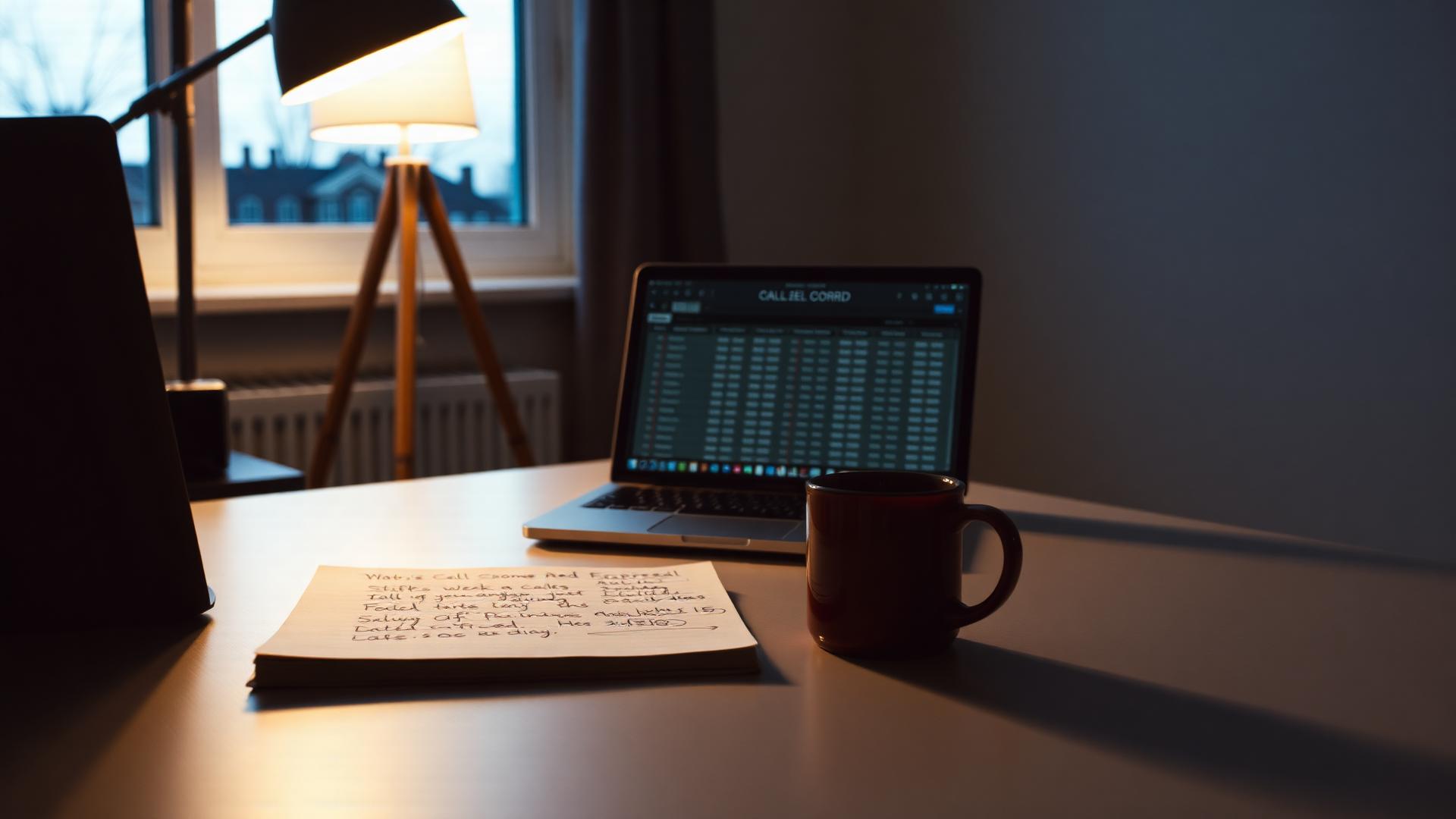 A sales manager's desk at dusk, a laptop open to a call scorecard beside a notebook of handwritten coaching notes and a cold coffee.