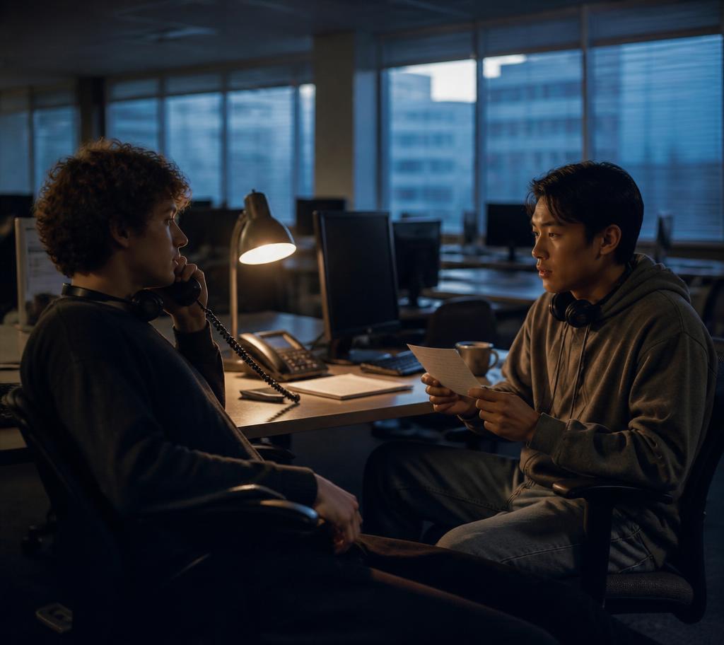 Two SDRs doing peer roleplay across a desk in a dark office at dawn, one holding a phone handset, the other reading from an index card.