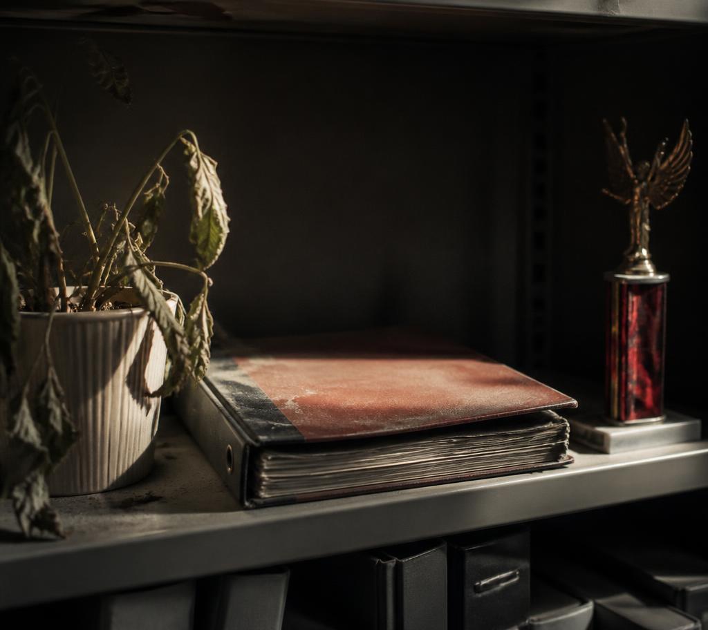 A dusty training binder on a storage room shelf beside a wilting plant and an old trophy, afternoon light falling across it.