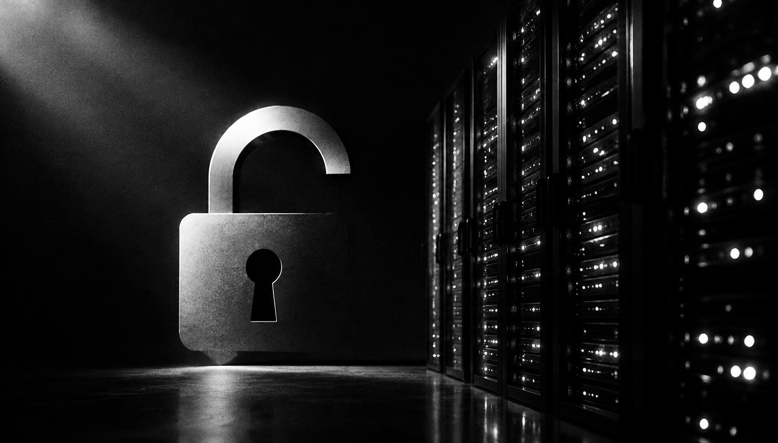 Black and white editorial illustration of an open padlock beside racks of data-center server hardware. Symbolic image, not a photograph of a specific product or facility.