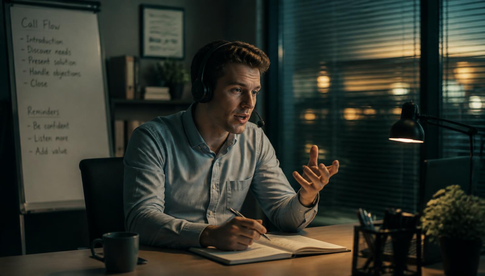 A sales rep in a quiet evening office wearing a headset, practicing a call aloud with a notebook open.