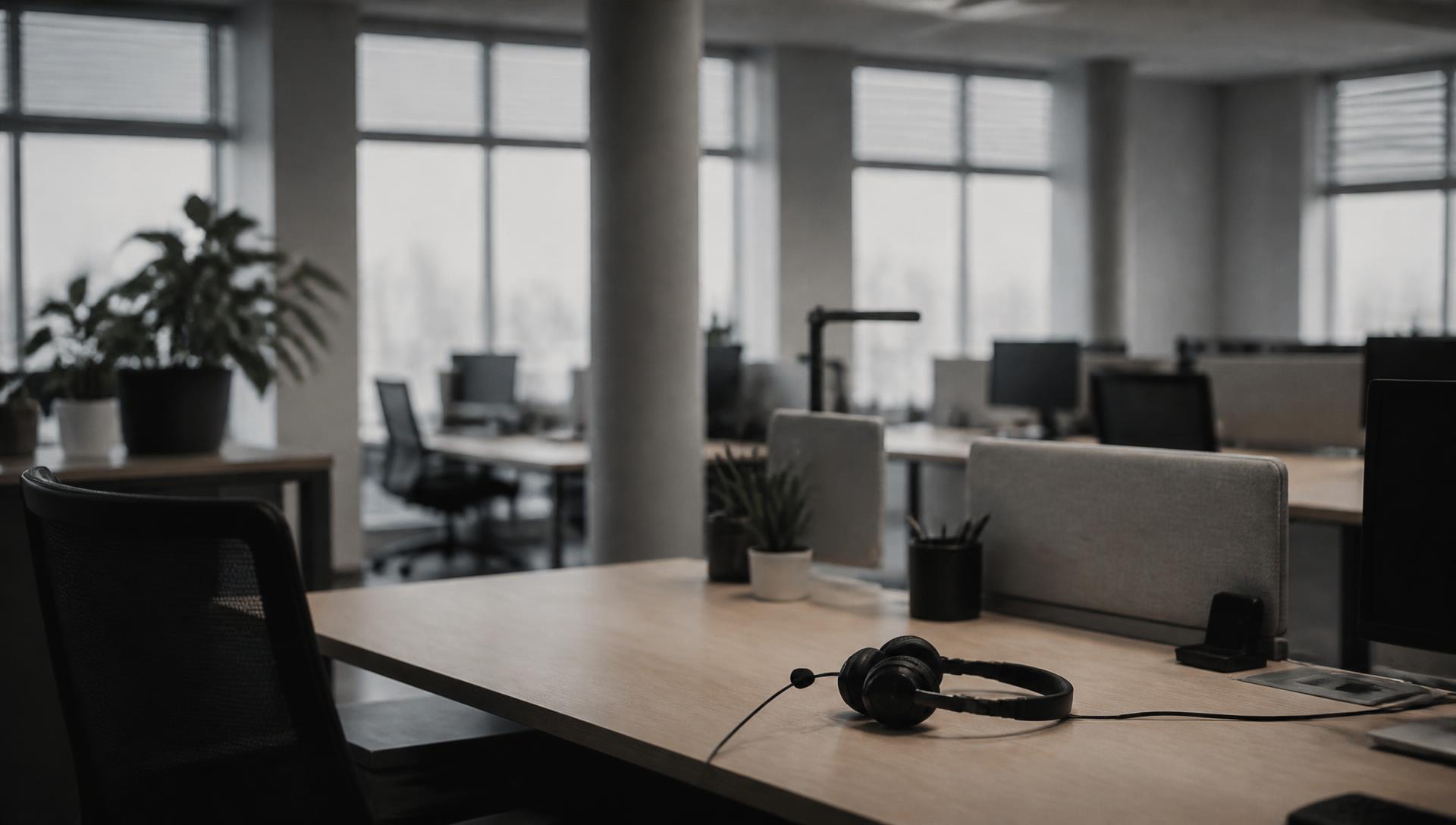 An empty American open plan sales office at early morning, a headset resting on a desk