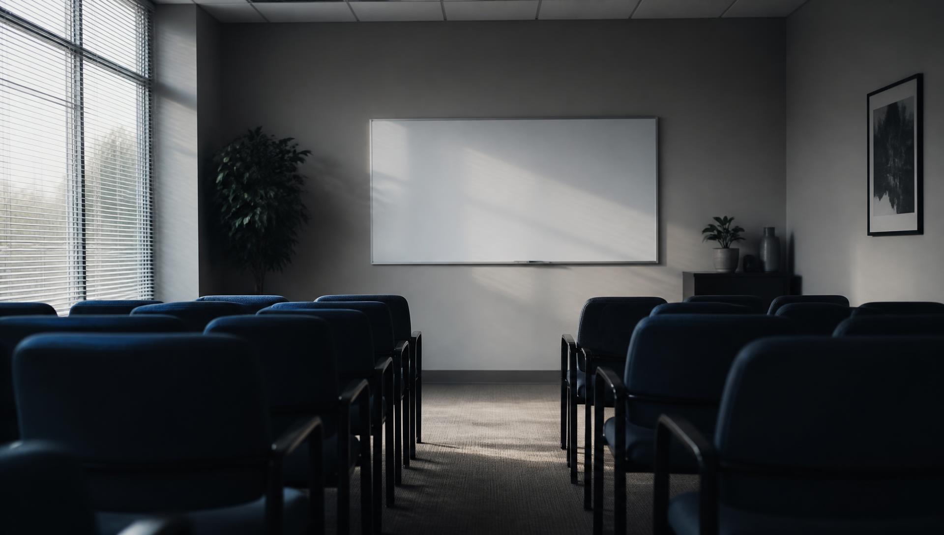An empty American training room at early morning, rows of chairs facing a blank whiteboard in cool daylight.