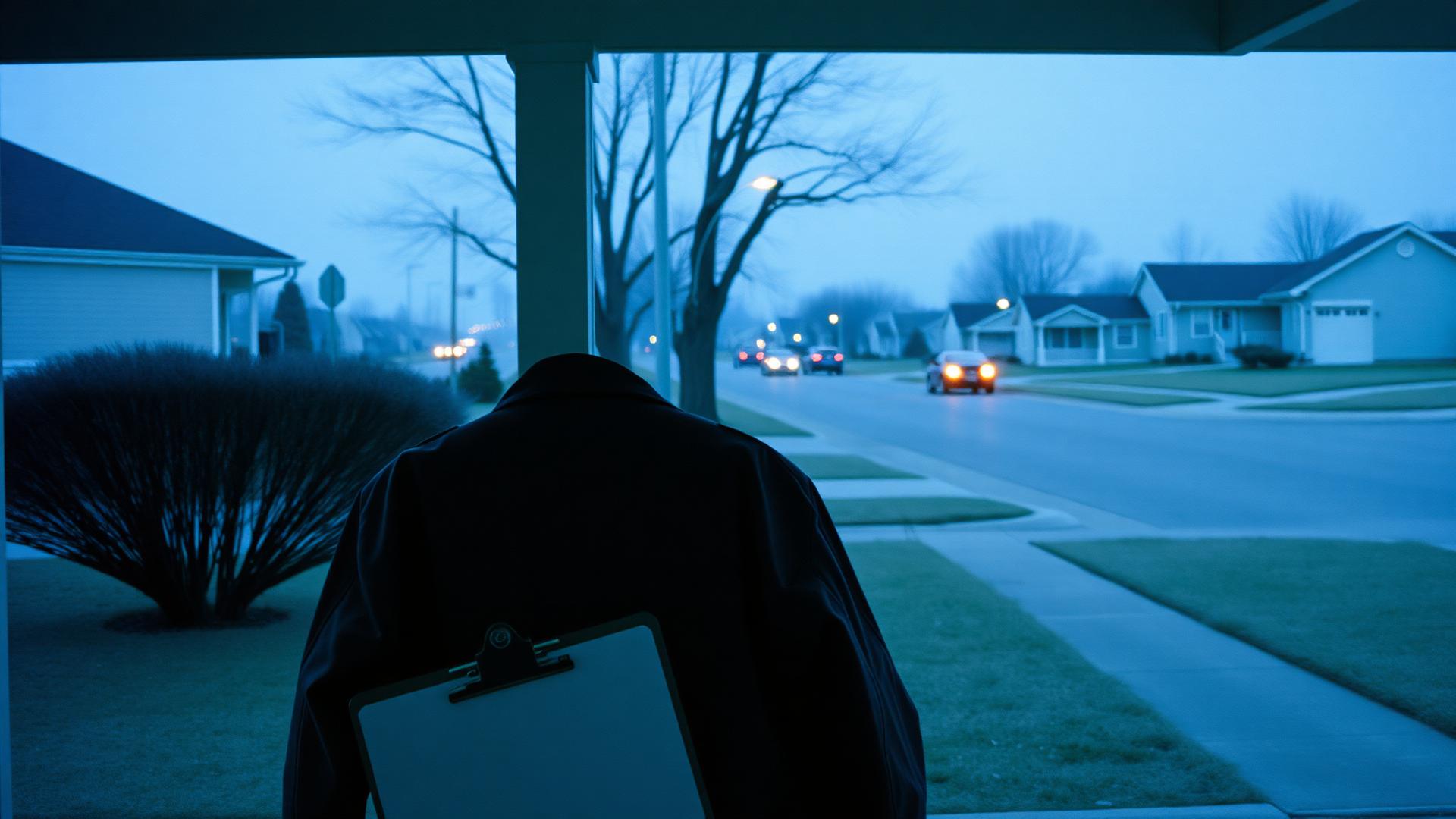A field sales rep's jacket and clipboard on a porch chair at dusk, a quiet suburban street beyond.