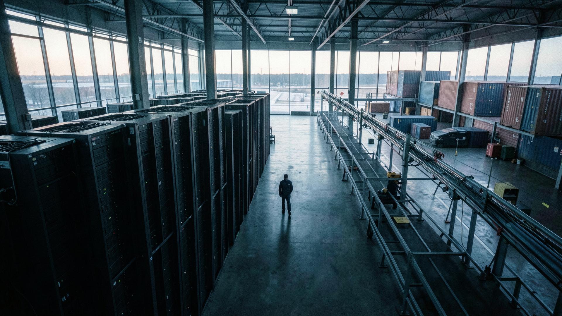A vast warehouse where server racks on one side merge into shipping containers and conveyor lines on the other, the physical supply chain meeting the computational one.