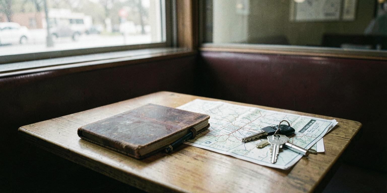 A worn notebook, a route map, and a set of keys on a diner table. The working tools of American field sales, where a framework is only useful if it survives the third door of the morning.