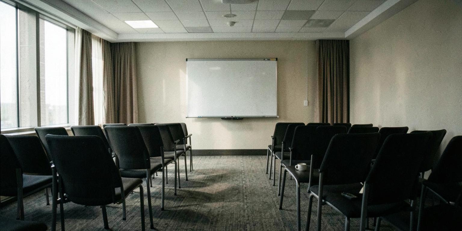 An empty American hotel conference room before a sales training workshop. The chairs will fill, the energy will peak, and within ninety days most of what was taught will be gone.