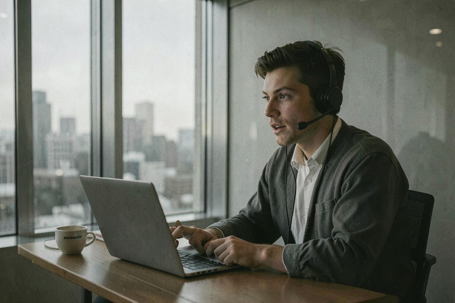 A young American sales rep practising a pitch alone with a headset in a glass-walled office at early morning
