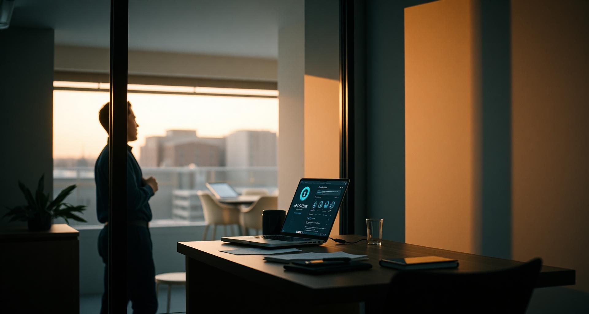 A sales rep practicing alone in a quiet office at dawn, laptop open with an AI training dashboard.