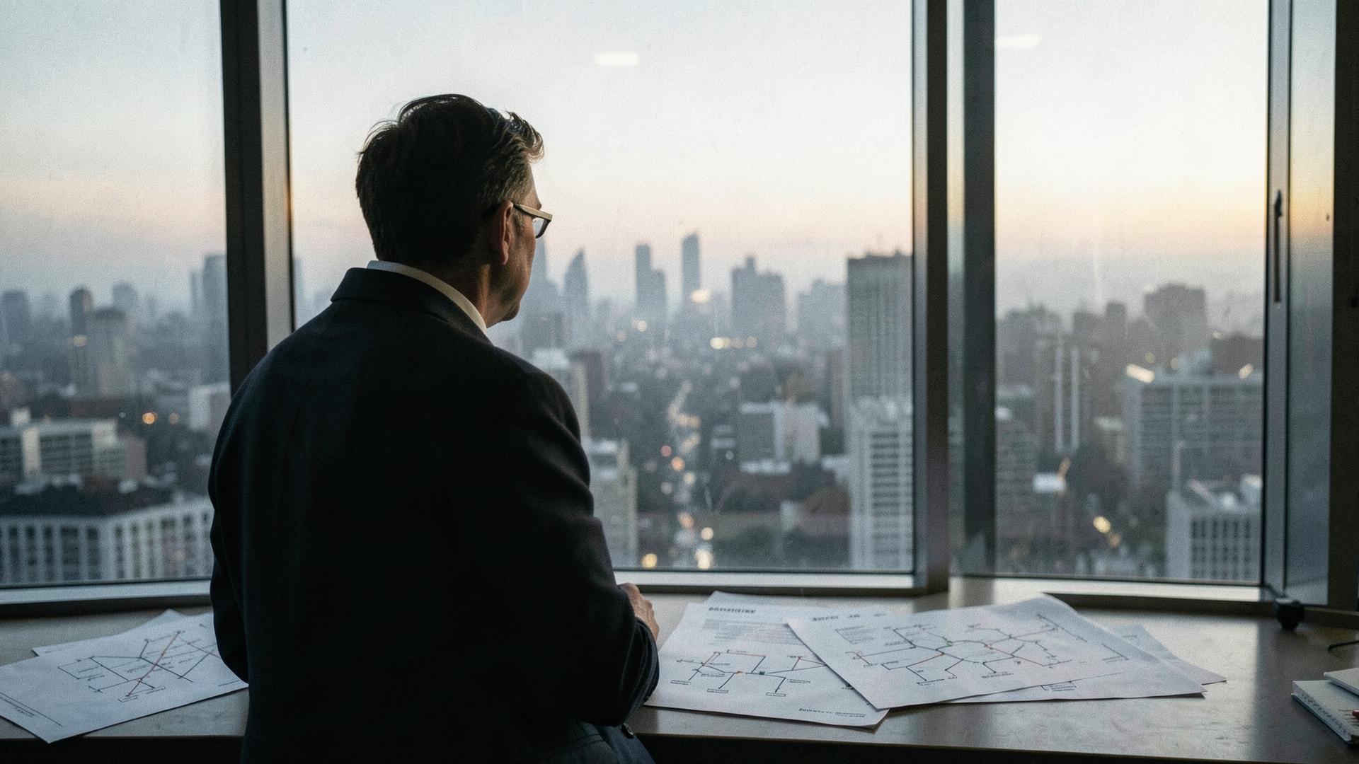 A man seen from behind at the window of a high American office at dawn, a misted skyline beyond the glass and printed supply chain diagrams spread across the desk beside him.