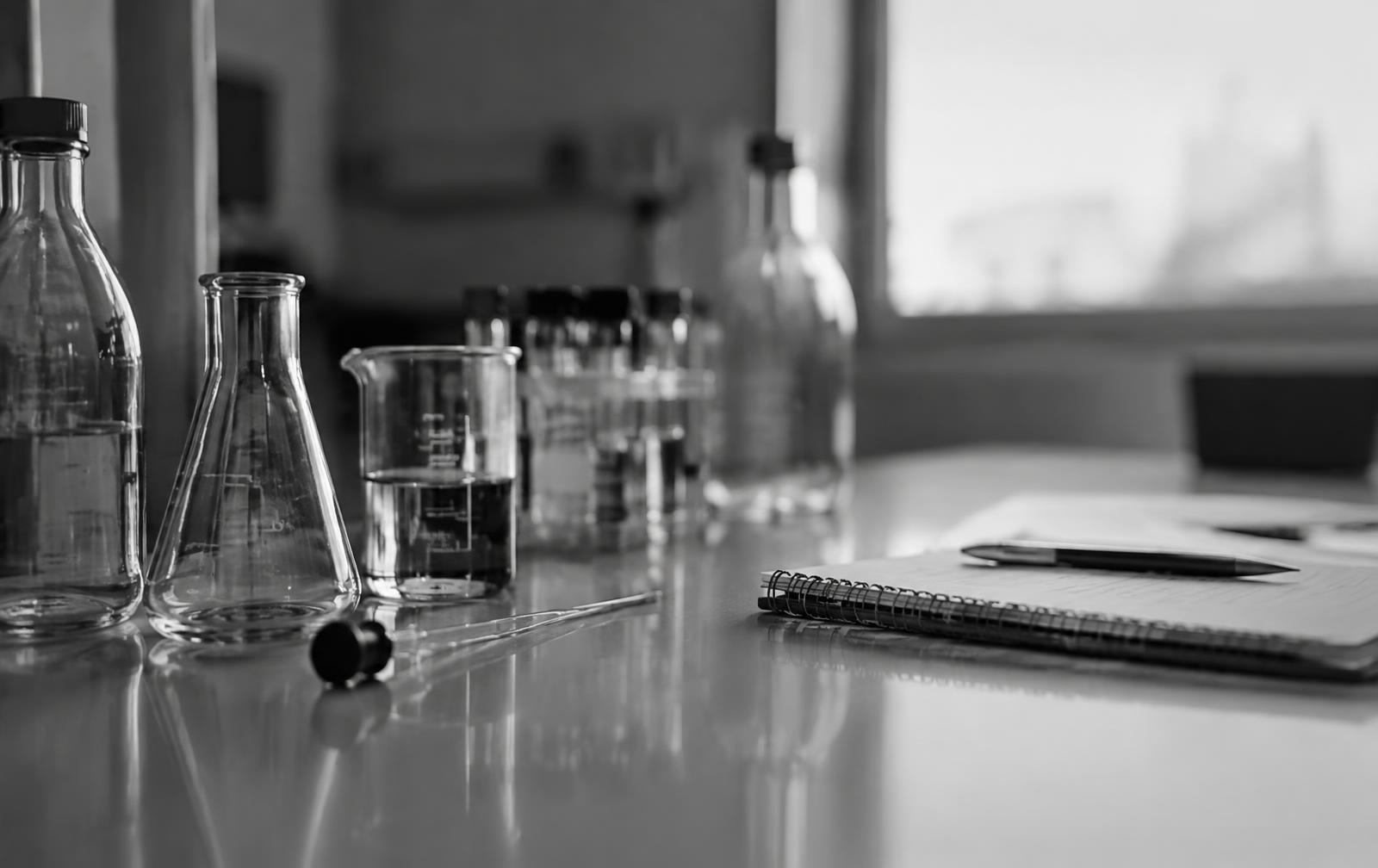 A workbench with instruments and a notebook
